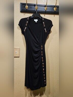 Carmen Marc Valvo Black Draped Midi Dress with Grommet Accents